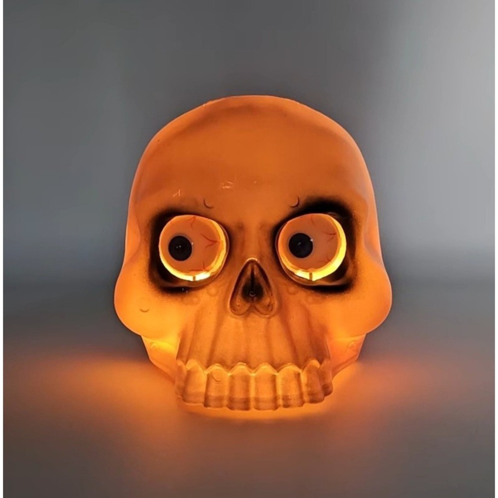 Vintage Gemmy Animated Halloween Skull Prop Blue Bloodshot Eyes 5.5" Tested